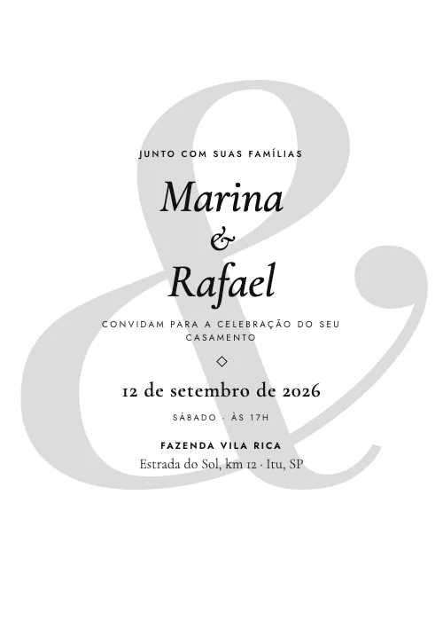Convite de casamento Tipográfico Preto e branco, estilo moderno