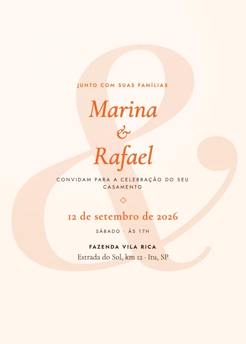 Convite de casamento Tipográfico Laranja, estilo moderno