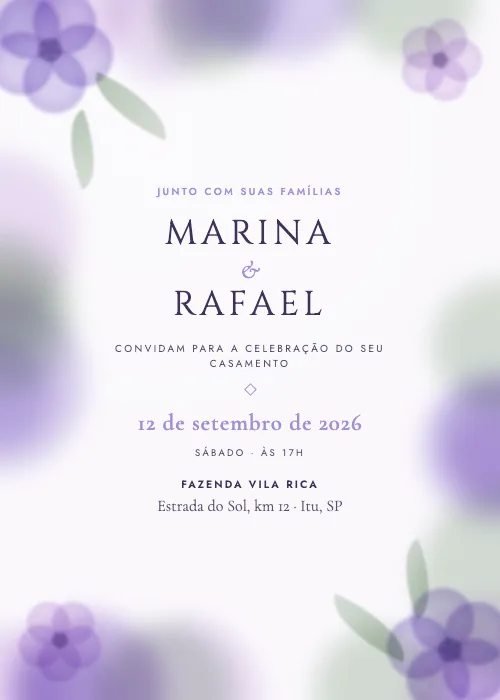 Convite de casamento Moldura Aquarelada Lavanda, estilo botânico