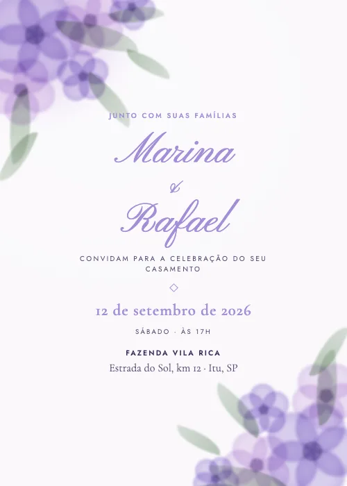 Convite de casamento Jardim em Aquarela Lavanda, estilo botânico