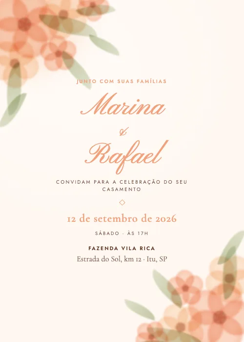 Convite de casamento Jardim em Aquarela Pêssego, estilo botânico