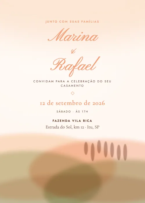 Convite de casamento Paisagem em Aquarela Pêssego, estilo em aquarela