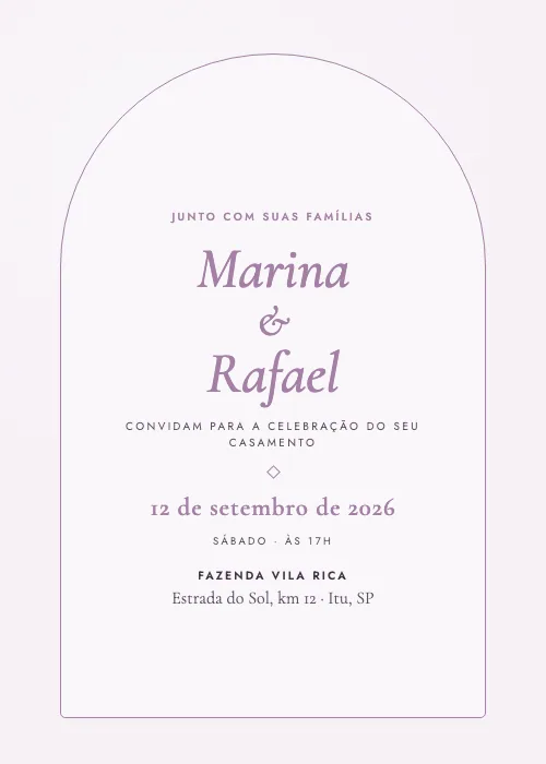 Convite de casamento Arco Romântico Lilás, estilo romântico