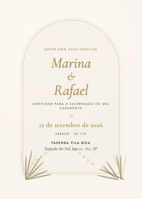 Convite de casamento Arco Boho Capim, estilo romântico