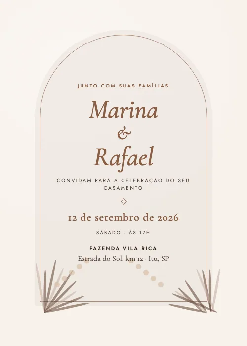 Convite de casamento Arco Boho Cacau, estilo romântico
