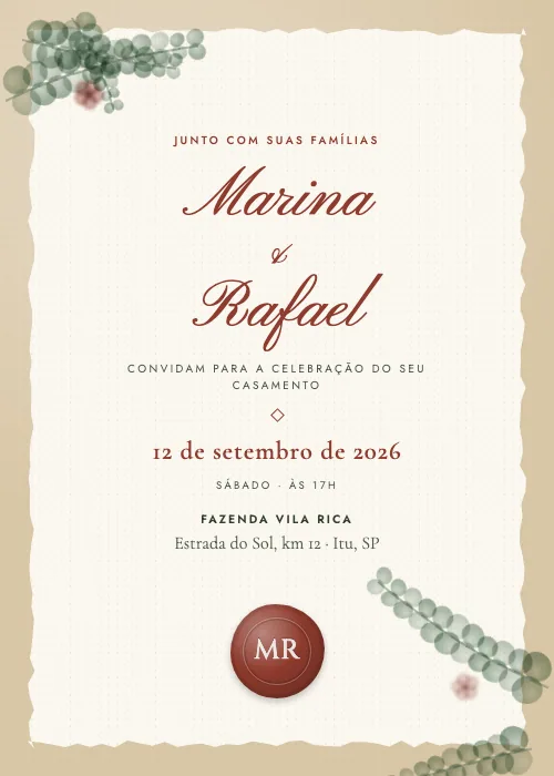 Convite de casamento Eucalipto e Lacre Eucalipto, estilo botânico