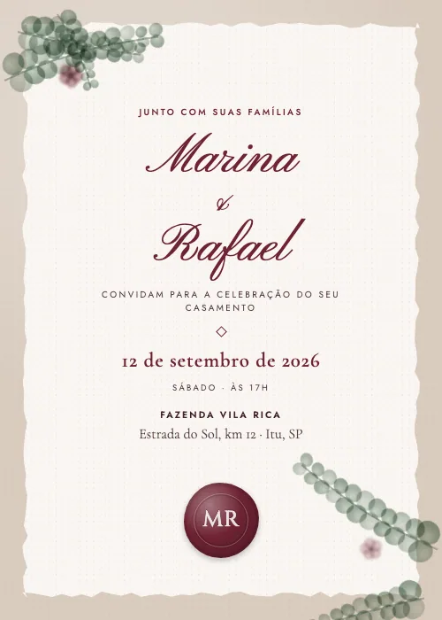 Convite de casamento Eucalipto e Lacre Vinho, estilo botânico