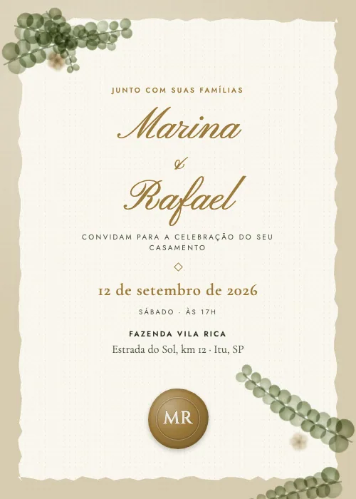 Convite de casamento Eucalipto e Lacre Oliva, estilo botânico