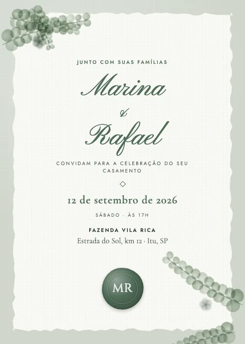 Convite de casamento Eucalipto e Lacre Sálvia, estilo botânico