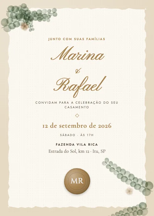 Convite de casamento Eucalipto e Lacre Areia, estilo botânico