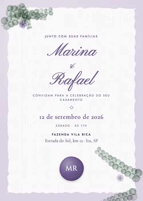 Convite de casamento Eucalipto e Lacre Lavanda, estilo botânico