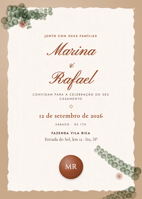 Convite de casamento Eucalipto e Lacre Ferrugem, estilo botânico
