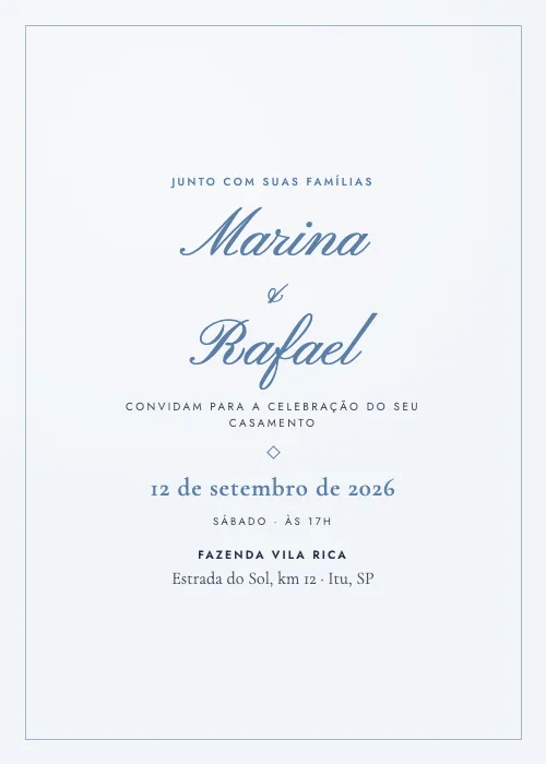 Convite de casamento Caligrafia Azul, estilo romântico