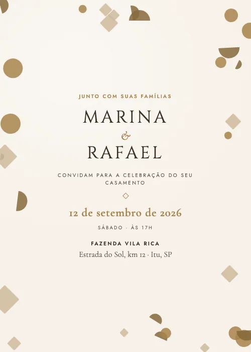 Convite de casamento Confete Geométrico Marfim e Ouro, estilo moderno