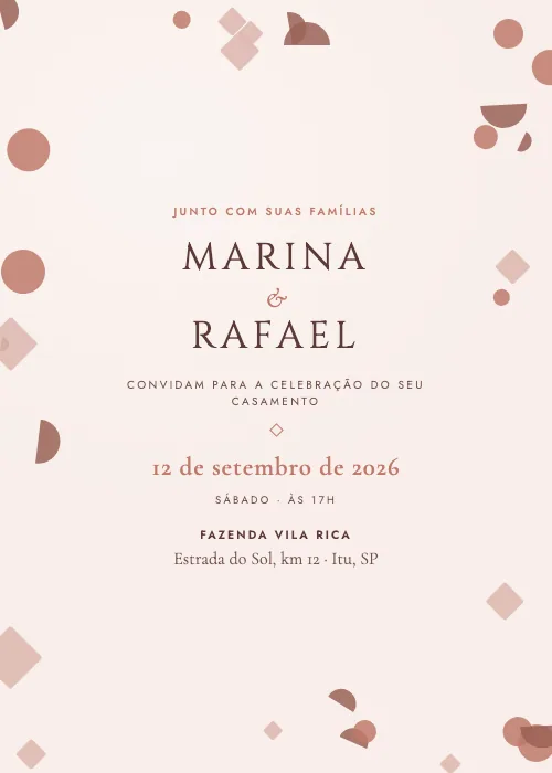 Convite de casamento Confete Geométrico Rosé Gold, estilo moderno