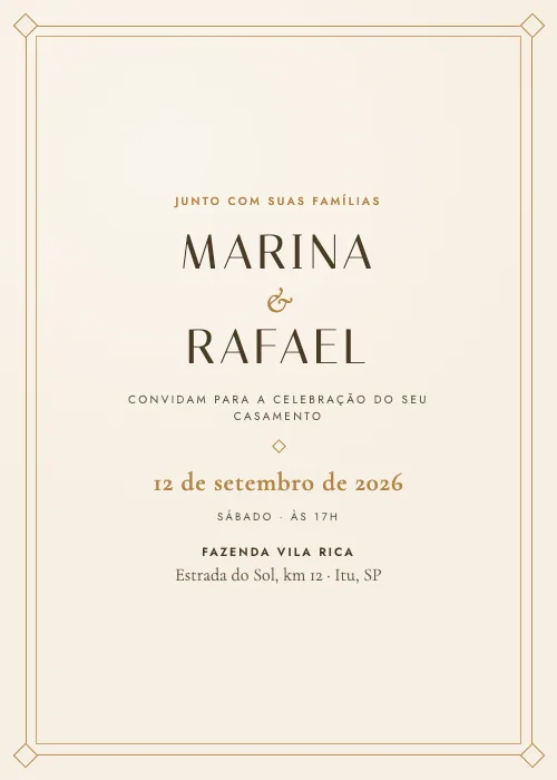 Convite de casamento Art Déco Creme e Ouro, estilo de luxo