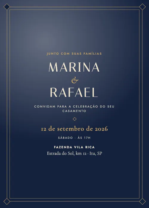Convite de casamento Art Déco Marinho e Ouro, estilo de luxo