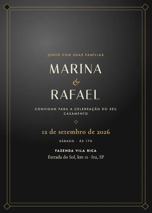 Convite de casamento Art Déco Preto e Ouro, estilo de luxo