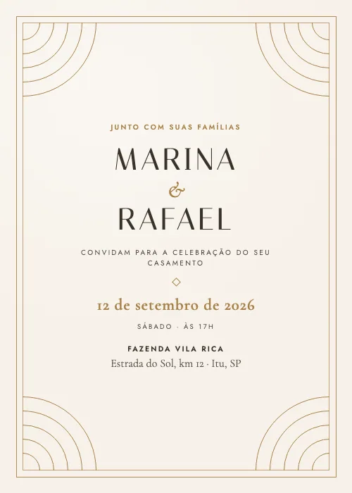 Convite de casamento Leque Déco Marfim e Ouro, estilo de luxo