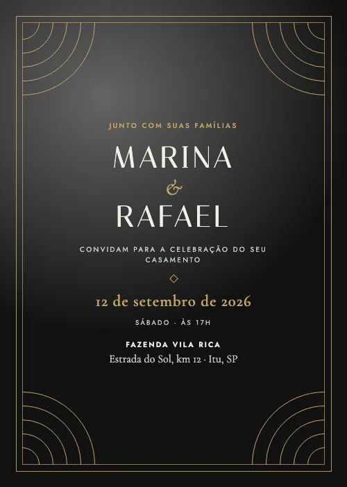 Convite de casamento Leque Déco Noite Dourada, estilo de luxo