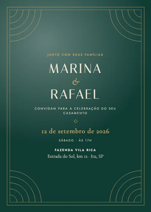 Convite de casamento Leque Déco Esmeralda, estilo de luxo