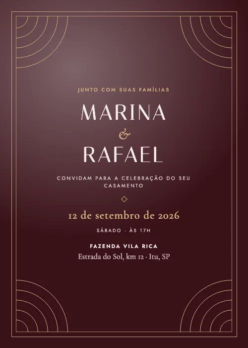 Convite de casamento Leque Déco Bordô, estilo de luxo