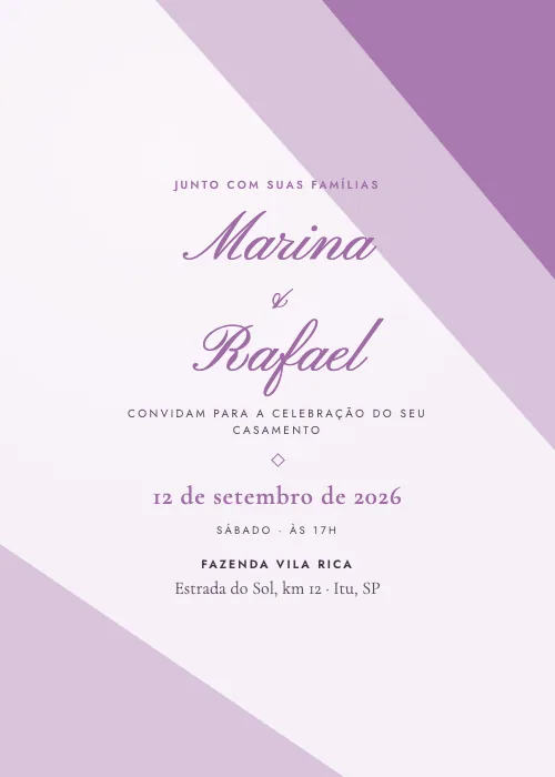 Convite de casamento Diagonal Lilás, estilo moderno