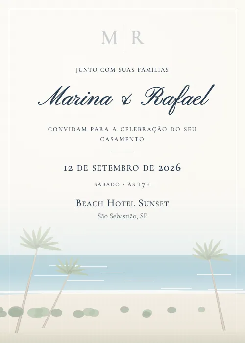Convite de casamento em aquarela Beach Hotel Sunset, São Sebastião