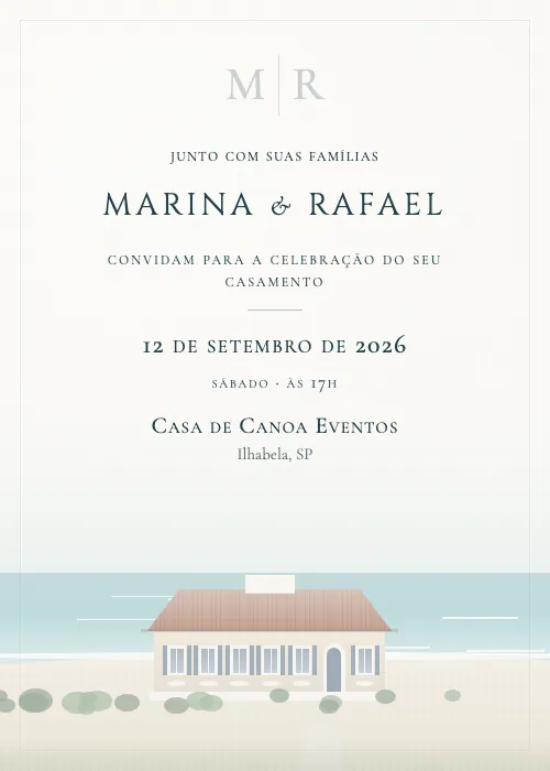 Convite de casamento em aquarela Casa de Canoa Eventos, Ilhabela