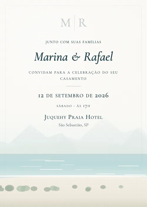Convite de casamento em aquarela Juquehy Praia Hotel, São Sebastião
