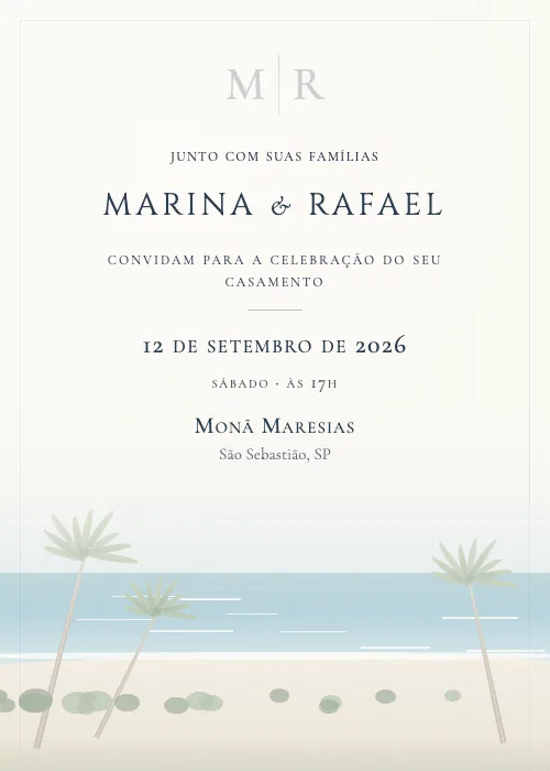 Convite de casamento em aquarela Monã Maresias, São Sebastião