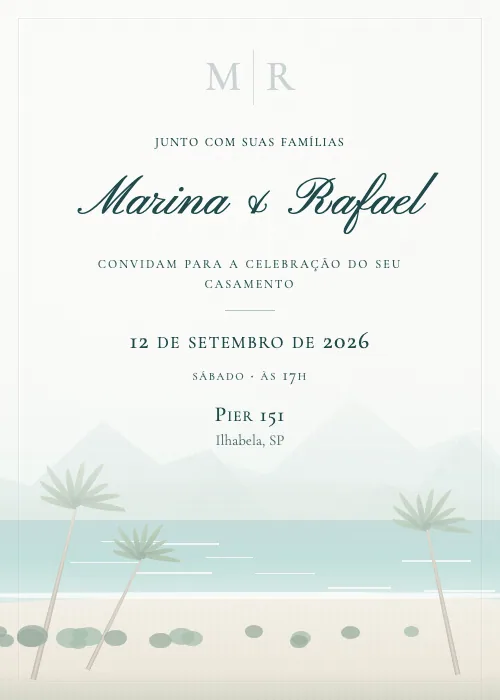 Convite de casamento em aquarela Pier 151, Ilhabela