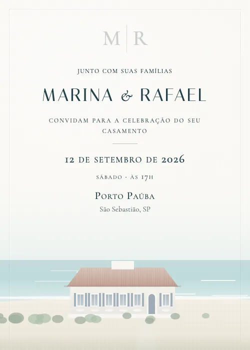 Convite de casamento em aquarela Porto Paúba, São Sebastião