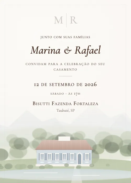 Convite de casamento em aquarela Bisutti Fazenda Fortaleza, Taubaté