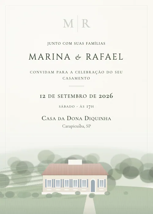 Convite de casamento em aquarela Casa da Dona Diquinha, Carapicuíba