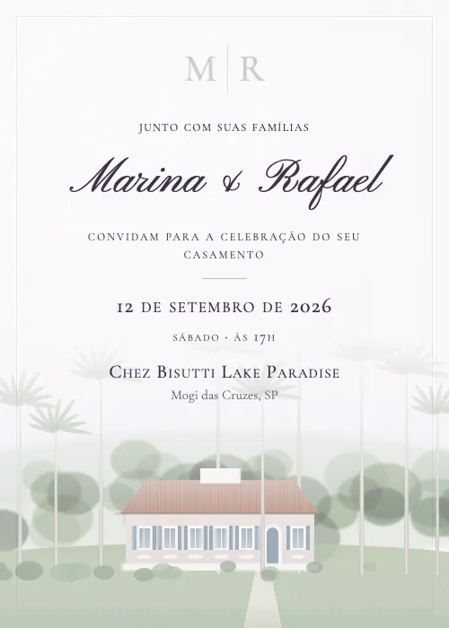 Convite de casamento em aquarela Chez Bisutti Lake Paradise, Mogi das Cruzes
