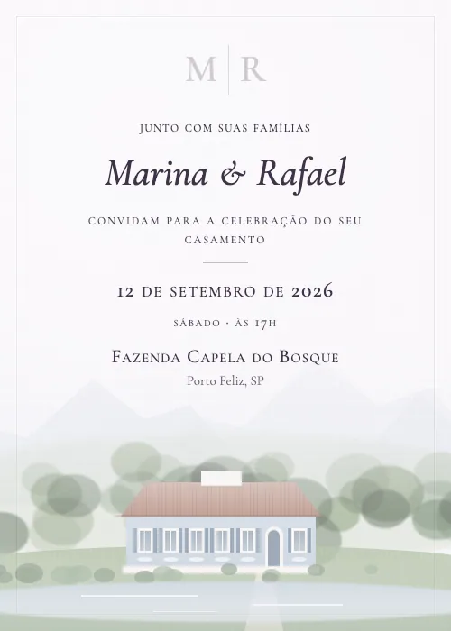 Convite de casamento em aquarela Fazenda Capela do Bosque, Porto Feliz
