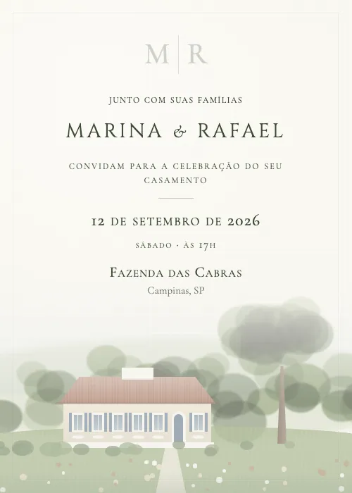 Convite de casamento em aquarela Fazenda das Cabras, Campinas