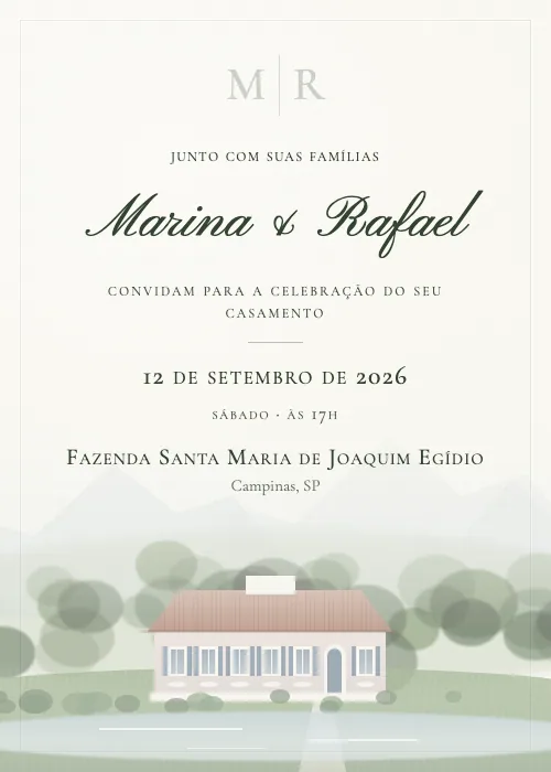 Convite de casamento em aquarela Fazenda Santa Maria de Joaquim Egídio, Campinas
