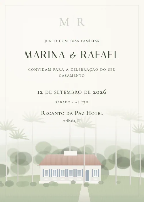 Convite de casamento em aquarela Recanto da Paz Hotel, Atibaia