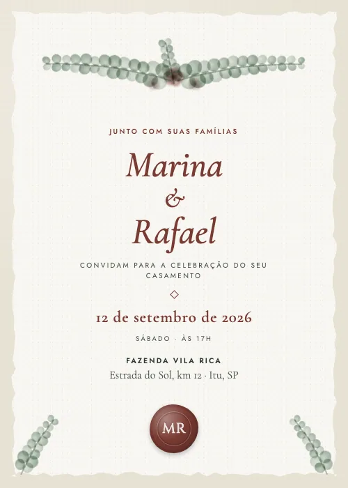 Convite de casamento Ramos de Eucalipto Eucalipto, estilo botânico
