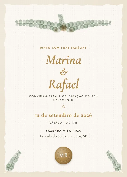 Convite de casamento Ramos de Eucalipto Champanhe, estilo botânico