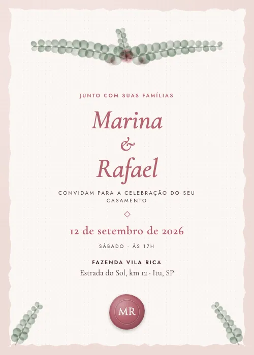 Convite de casamento Ramos de Eucalipto Rosé, estilo botânico