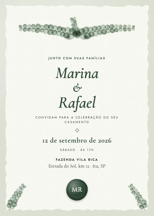 Convite de casamento Ramos de Eucalipto Floresta, estilo botânico