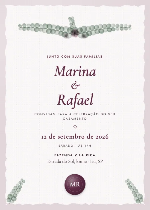 Convite de casamento Ramos de Eucalipto Ameixa, estilo botânico
