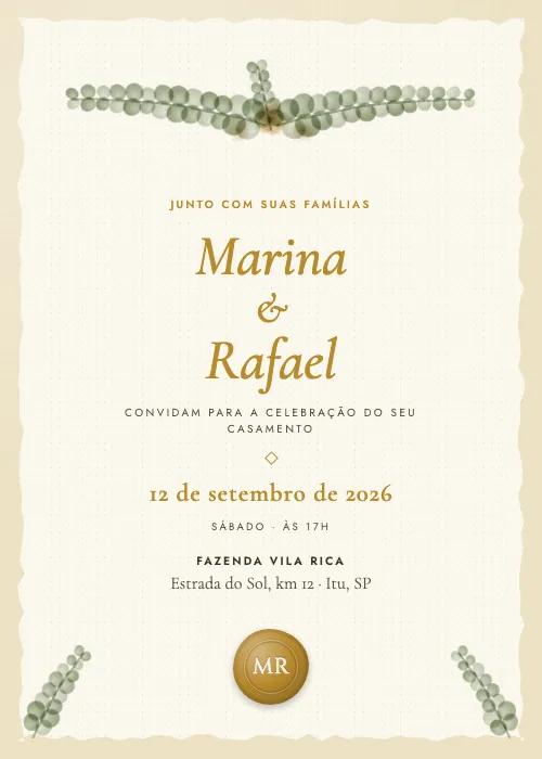Convite de casamento Ramos de Eucalipto Mostarda, estilo botânico