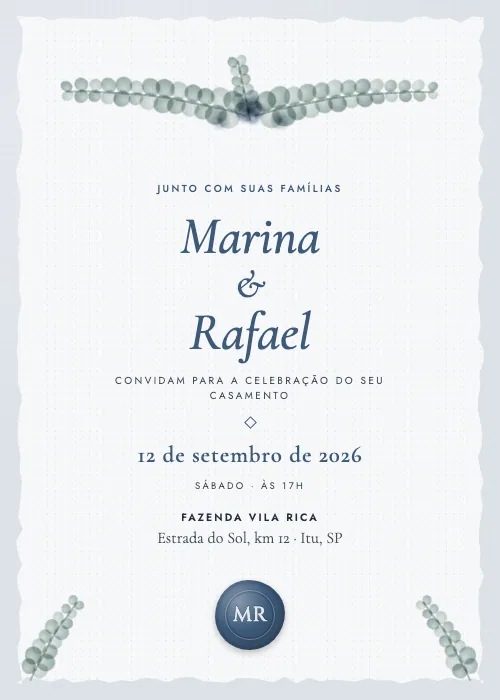 Convite de casamento Ramos de Eucalipto Azul, estilo botânico