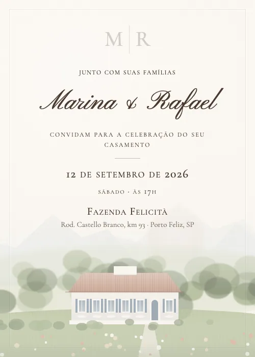 Convite de casamento em aquarela Fazenda Felicità, Porto Feliz