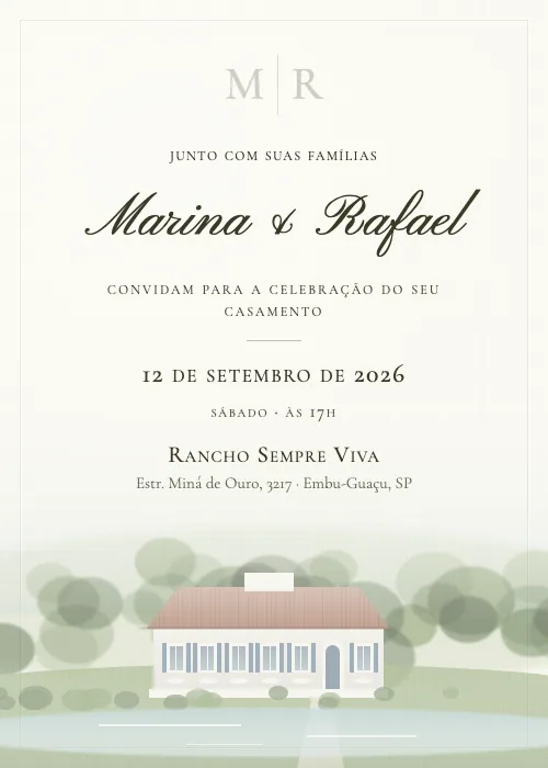 Convite de casamento em aquarela Rancho Sempre Viva, Embu-Guaçu