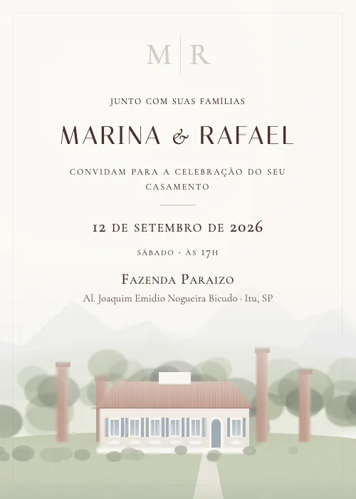 Convite de casamento em aquarela Fazenda Paraizo, Itu